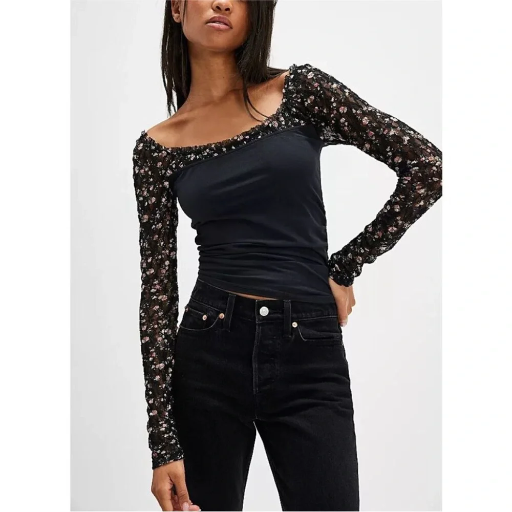 Free People floral lace sleeve Top